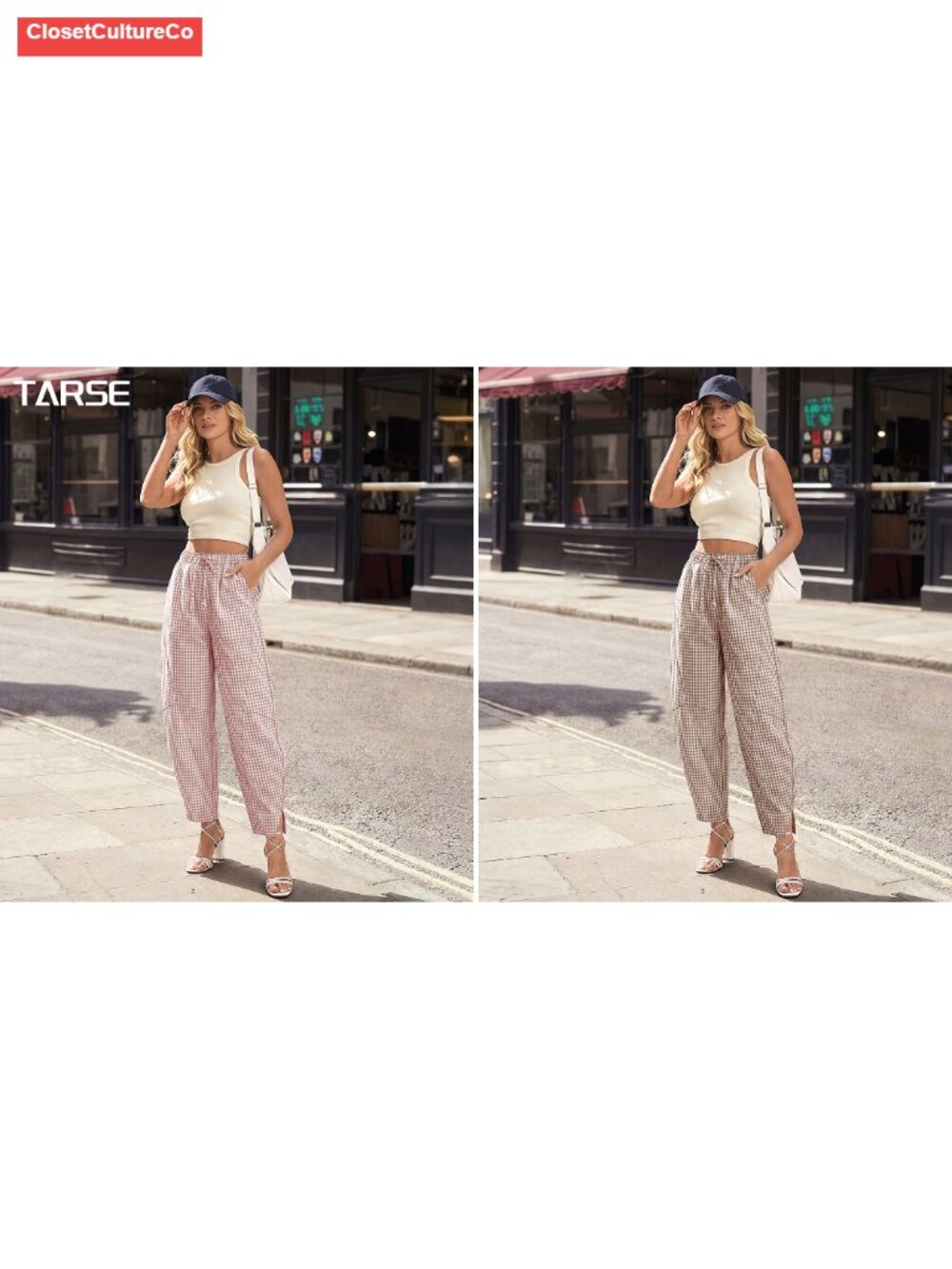 Womens Linen Gingham Barrel Pants Drawstring Casual Trousers - Picture 6 of 6
